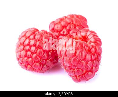 Three ripe raspberries macro close up isolated on white background Stock Photo