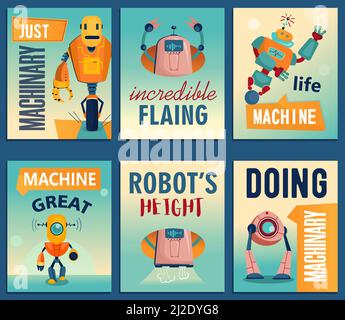 Cartoon robots flyers set. Machines, cyborgs, electronic assistants vector illustrations with text. Robotics and machinery club concept for posters an Stock Vector