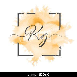 Calligraphic lowercase letters K and G are written in a solid line on a colored background in a frame. Stock Vector