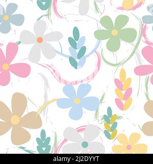 Seamless vector pattern of abstract colorful garden flower, plants, botanical design for fashion, fabric, wallpaper and all prints on black background Stock Vector
