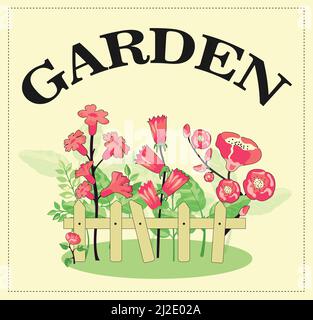 Colorful background design with blooming flowers behind fence. Beautiful garden plants growing. Flora and gardening concept. Template for promotional Stock Vector