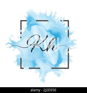 Calligraphic lowercase letters K and H are written in a solid line on a colored background in a frame. Stock Vector