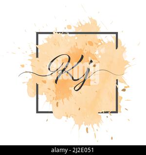 Calligraphic lowercase letters K and J are written in a solid line on a colored background in a frame. Stock Vector