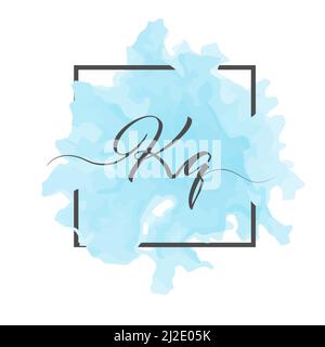 Calligraphic lowercase letters K and Q are written in a solid line on a colored background in a frame. Stock Vector