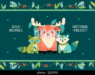 Cover design with boho animals. Cute raccoon, fox, reindeer with decorations. Vector illustrations with text on dark background. Wildlife concept for Stock Vector