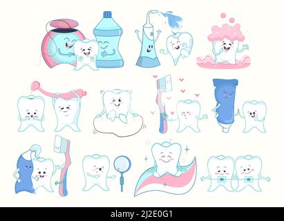 Dental care collection. Tooth, toothpaste, floss, dentist tools cartoon characters with faces and emotions isolated on white. Vector illustration for Stock Vector