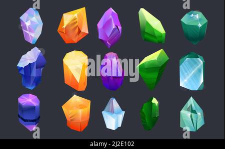 Colorful gems collection set. Precious stones, jewels of abstract shapes and colors, magic crystal, emerald, amber isolated on black background. Flat Stock Vector