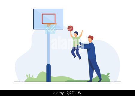 Dad playing basketball with little son. Father helping boy to throw ball into basket flat vector illustration. Family, sport activity, playground conc Stock Vector