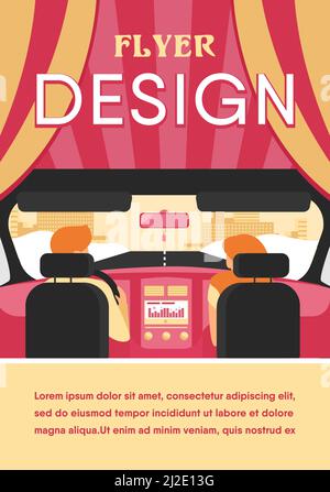 Couple riding vehicle. Back view of driver and passenger inside car interior. View from backseat. Vector illustration for driving, transportation, aut Stock Vector