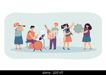 Cute children playing music and singing together flat vector illustration. Happy cartoon child band performing on school festival. Musician party and Stock Vector