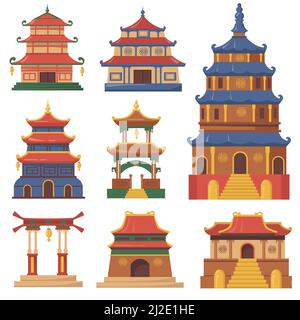 Cultural China traditional buildings flat set for web design. Cartoon Japanese, Chinese or Korean palaces and temples isolated vector illustration col Stock Vector