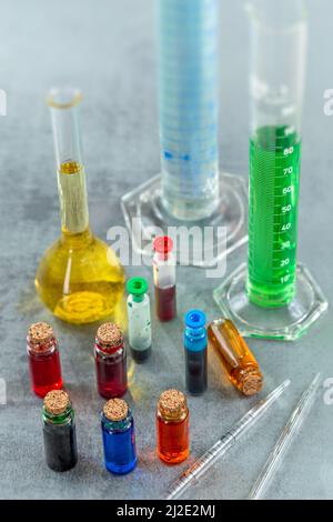 Bottles of food coloring isolated on a white background Stock Photo
