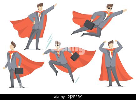 Experienced businessman in superhero costume flat set for web design. Cartoon super boss in suit in various poses isolated vector illustration collect Stock Vector
