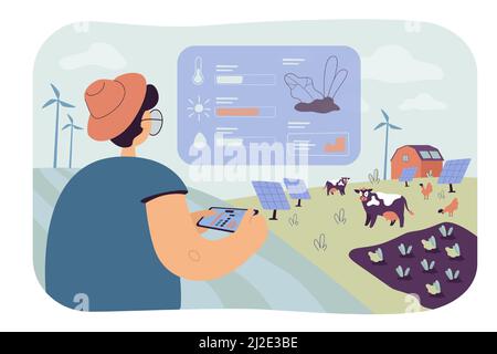 Farmer analyzing data on eco farming isolated flat vector illustration. Farmer working with data on feeding cows. Automation, implementation and smart Stock Vector