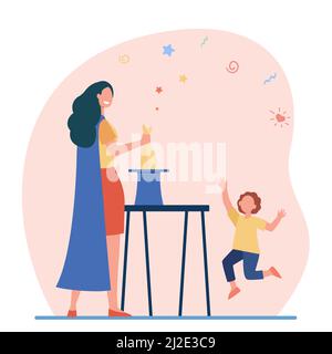 Female magician performing before kid. Woman getting rabbit out of top hat flat vector illustration. Magic, illusion, childhood concept for banner, we Stock Vector