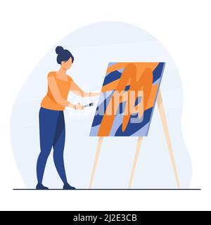 Female artist painting picture. Woman with paintbrush, easel, artwork in studio. Flat vector illustration. Art, workshop, creativity concept for banne Stock Vector