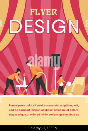 Happy family housekeeping together flat vector illustration. Daughter, mother and father working for household and clean home. Housekeeping and house Stock Vector