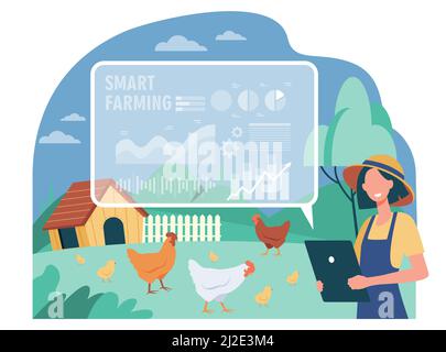 Happy female farmer working with smart farm flat vector illustration. Cartoon woman farming and analyzing data on feeding poultry. Automation and impl Stock Vector