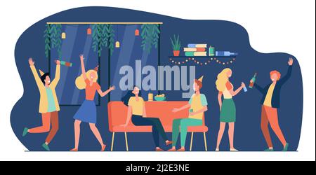 Group of cheerful students or happy friends dancing and having fun at home party in apartment. Vector illustration for night activity, leisure, celebr Stock Vector