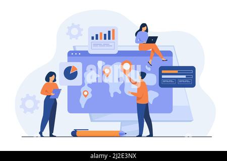Group of professionals analyzing international map with pointers and charts. Team doing global business research. Vector illustration for marketing, a Stock Vector