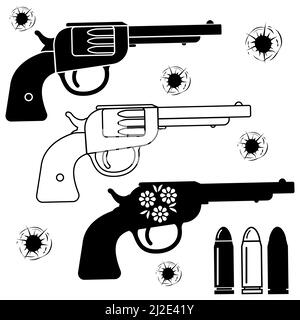 Set of weapons bullets and bullet holes, black stencil vector illustration. Stock Vector