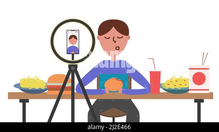 A man with dark skin streaming and recording video of Muckbang. Food blogger eating a lot of food  Stock Vector