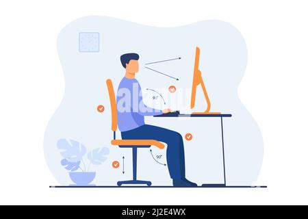 https://l450v.alamy.com/450v/2j2e4wx/instruction-for-correct-pose-during-office-work-flat-vector-illustration-cartoon-worker-sitting-at-desk-with-right-posture-for-healthy-back-and-looki-2j2e4wx.jpg