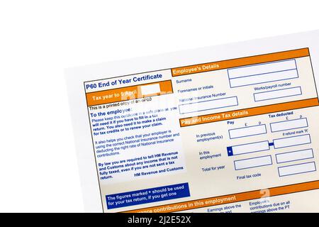 P60 End of year Certificate issued by HMRC in the United Kingdom.  Blank tax form Stock Photo