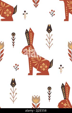 Seamless scandinavian vector pattern with easter bunnies with folk art on white background. Festive texture with hares and floral decorations. Fabric Stock Vector