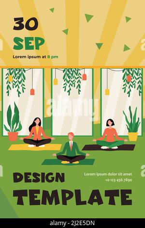 Happy office workers doing yoga, sitting in lotus pose on mats and meditating. Employees exercising during break. For mindfulness, stress relief, life Stock Vector