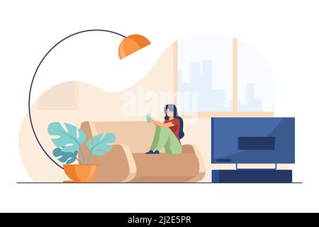 Happy woman reading book at home. Girl on couch in living room with TV flat vector illustration. Leisure, literature, entertainment concept for banner Stock Vector
