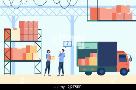 Logistics worker and courier loading truck. Box, parcel, warehouse flat vector illustration. Delivery, shipping, transportation concept for banner, we Stock Vector