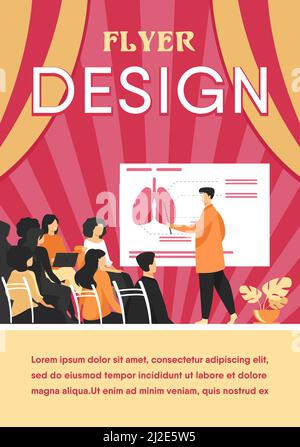 Medical college professor teaching students. Doctor presenting human lungs infographics to audience at conference. Vector illustration for seminar, le Stock Vector