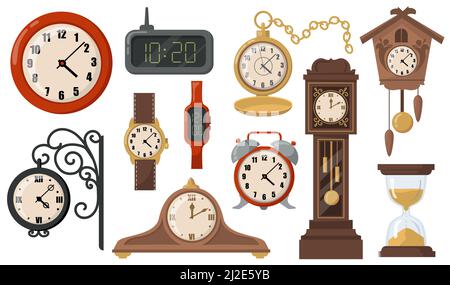 Modern or retro mechanical and electronic clocks flat item set. Cartoon clocks, timers, watches and hourglasses isolated vector illustration collectio Stock Vector