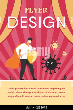 Male character wearing face mask, holding sword and shield and fighting against coronavirus. Vector illustration for covid19, virus protection, safety Stock Vector