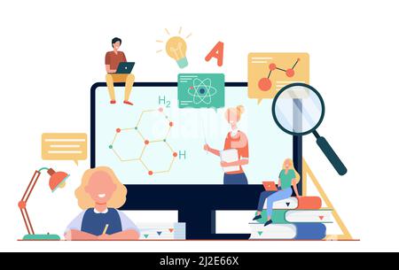 Happy students or pupils watching study webinar isolated flat vector illustration. Cartoon teacher teaching college course online. Computer education Stock Vector