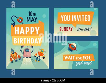 Invitation cards set with cartoon robots. Machines, cyborgs, assistants vector illustrations with text and date. Robotics and machinery club concept f Stock Vector