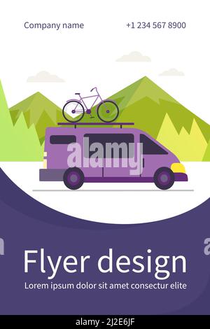 Minivan with bike on top moving in mountain. Vehicle, transport, bicycle trip flat vector illustration. Outdoor activity, adventure travel concept for Stock Vector