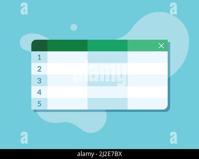 Spreadsheet tables app flat design vector. Worksheet application in green and blue colors, depicting title bar, column and rows with numbers. Stock Vector