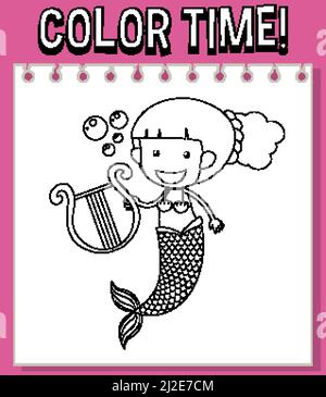 Worksheets template with color time text and Mermaid outline illustration Stock Vector