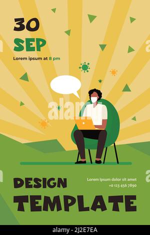 Man in mask using laptop for online chat with doctor. Video call, medical consultation flat vector illustration. Covid, epidemic, help concept for ban Stock Vector