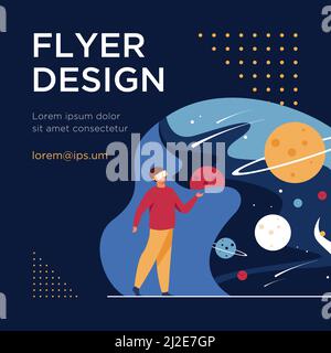 Man with VR headset in space isolated flat vector illustration. Cartoon character exploring galaxy and world in virtual reality. Education and digital Stock Vector