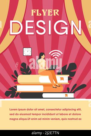 Online courses and student concept. Woman sitting on stack of book and using laptop for studying in internet. Flat vector illustration for distance le Stock Vector