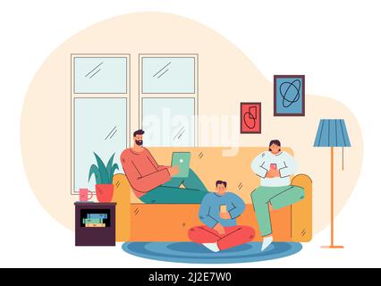 Parents and child holding their cellphones and tablet at home, chatting online on social media. Vector illustration for internet dependence, addicted Stock Vector
