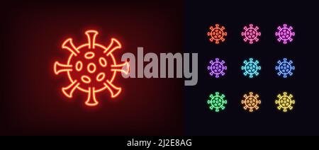 Outline neon virus variant icon. Glowing neon virus strain, germ and bacteria mutation pictogram. Coronavirus, pathogen microorganism, infection, micr Stock Vector