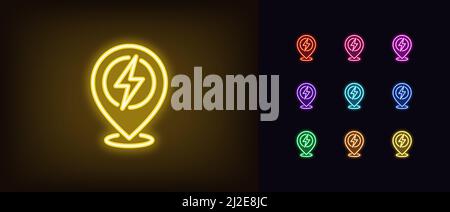 Outline neon electric station pin icon. Glowing neon map pin with lightning sign, charge point pictogram. Navigation marker, charging station and plac Stock Vector