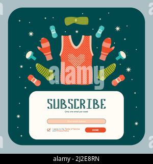 Newsletter design with knitted handmade clothes. Warm mittens, socks, sleeveless, yarn vector illustrations with subscribe button, boxes for email add Stock Vector