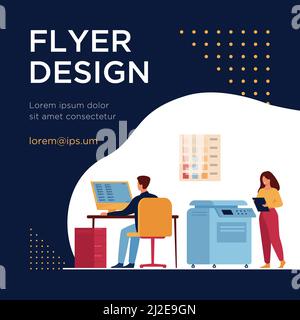 Print house workers using computers and operating big commercial printers for printing banners and posters. Vector illustration for ad agency, printin Stock Vector
