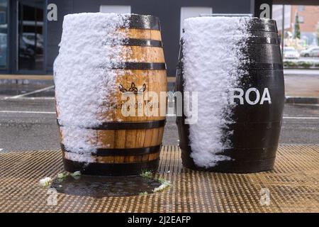 Pamplona, Navarra Spain april 01 2022, Surprise snowfall in early spring  Stock Photo