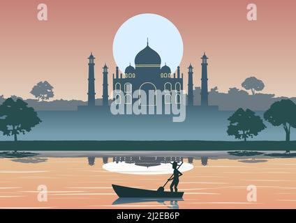 silhouette design of man row boat in river near Taj mahal,vector illustration Stock Vector